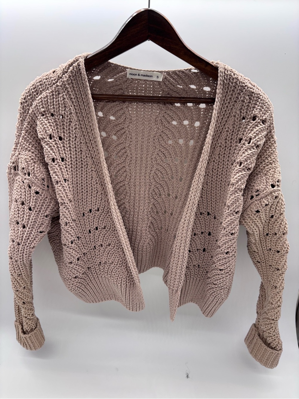 moon & madison Open-Front Chunky Knit Cardigan - Blush Taupe
